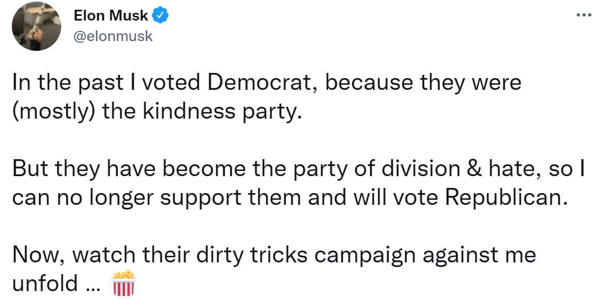 Elon Musk called the Democrat party the "divisive and hateful" party